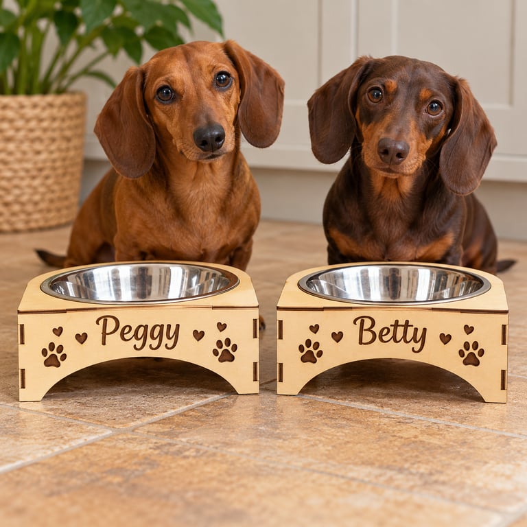 Wooden Raised Dog Bowl Stand – Engraved Pet Feeder with Custom Name