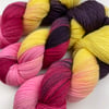 Hand Dyed Sock Yarn 100% Superwash Merino 100g Skein Pink Yellow Aubergine Red
