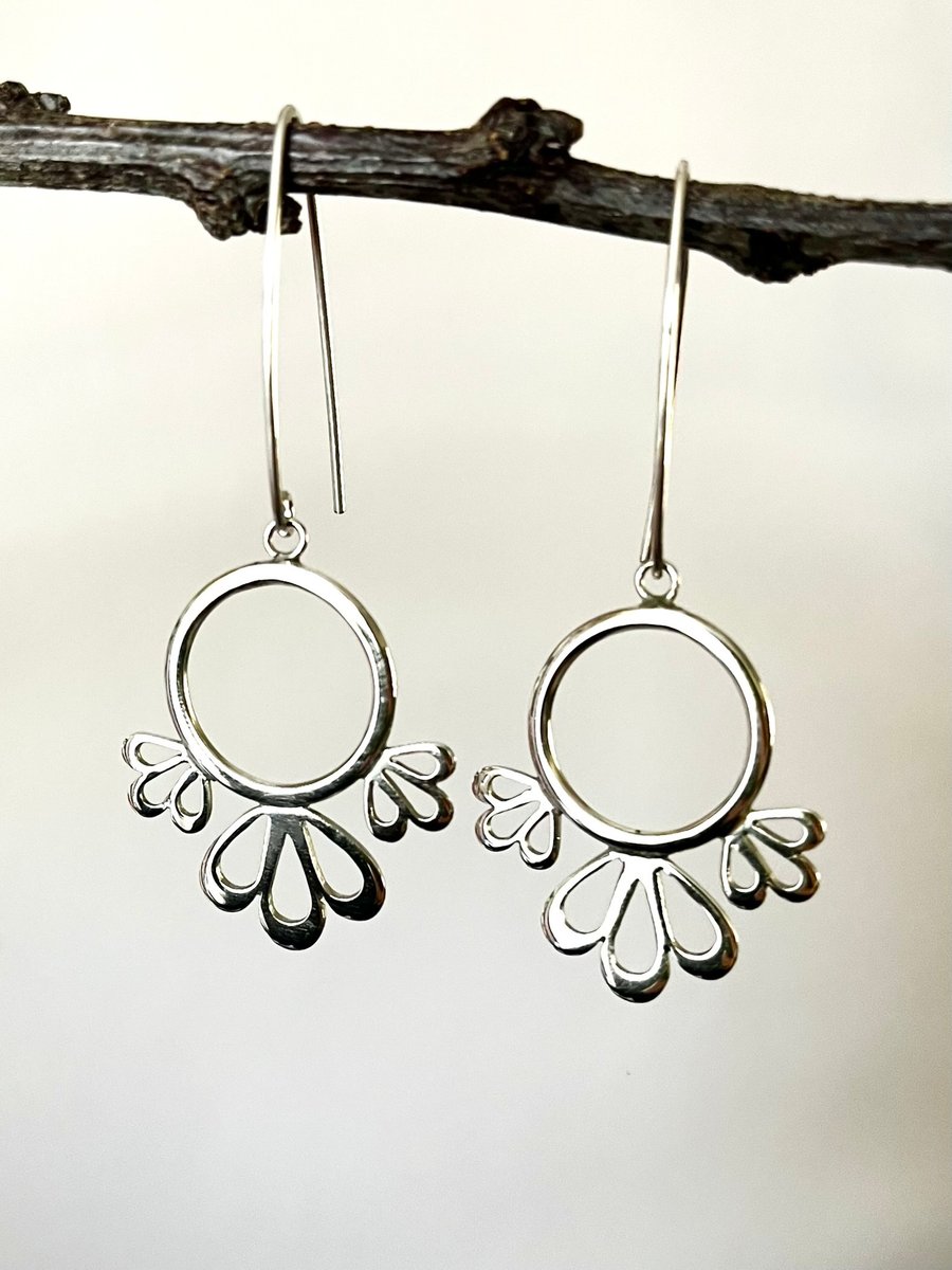 Blooming Blossom Sterling Silver Circle with 3 Blooms Hookwire Earrings