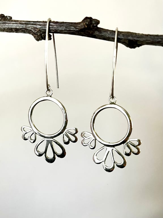 Blooming Blossom Sterling Silver Circle with 3 Blooms Hookwire Earrings