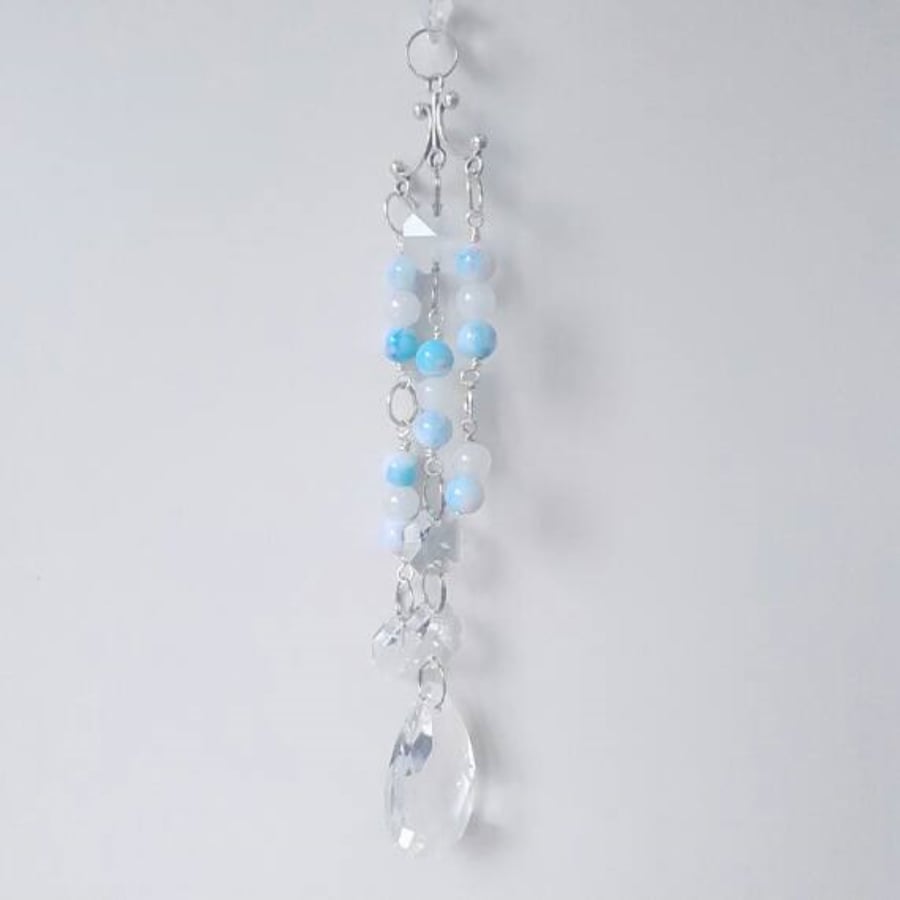 Pretty Blue and White Beaded Suncatcher. Crystal Rainbow Maker. Handmade