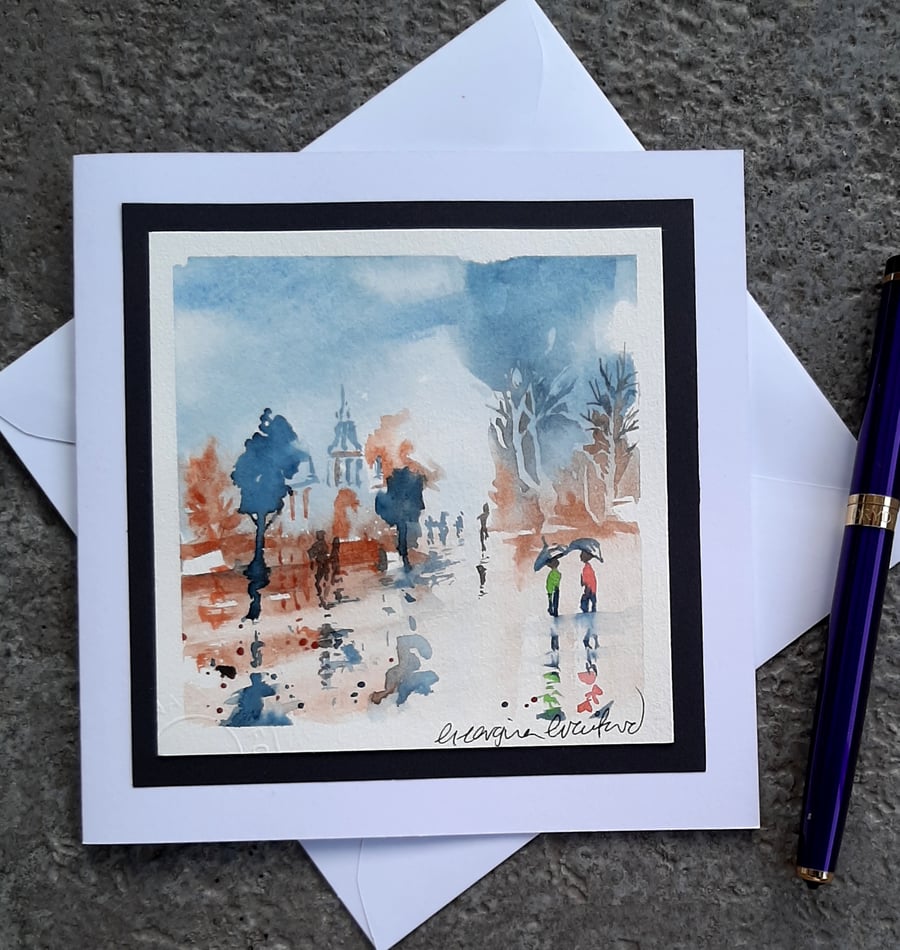 Blank Card. Rainy Day. Handpainted Card Keepsake. Handmade Card