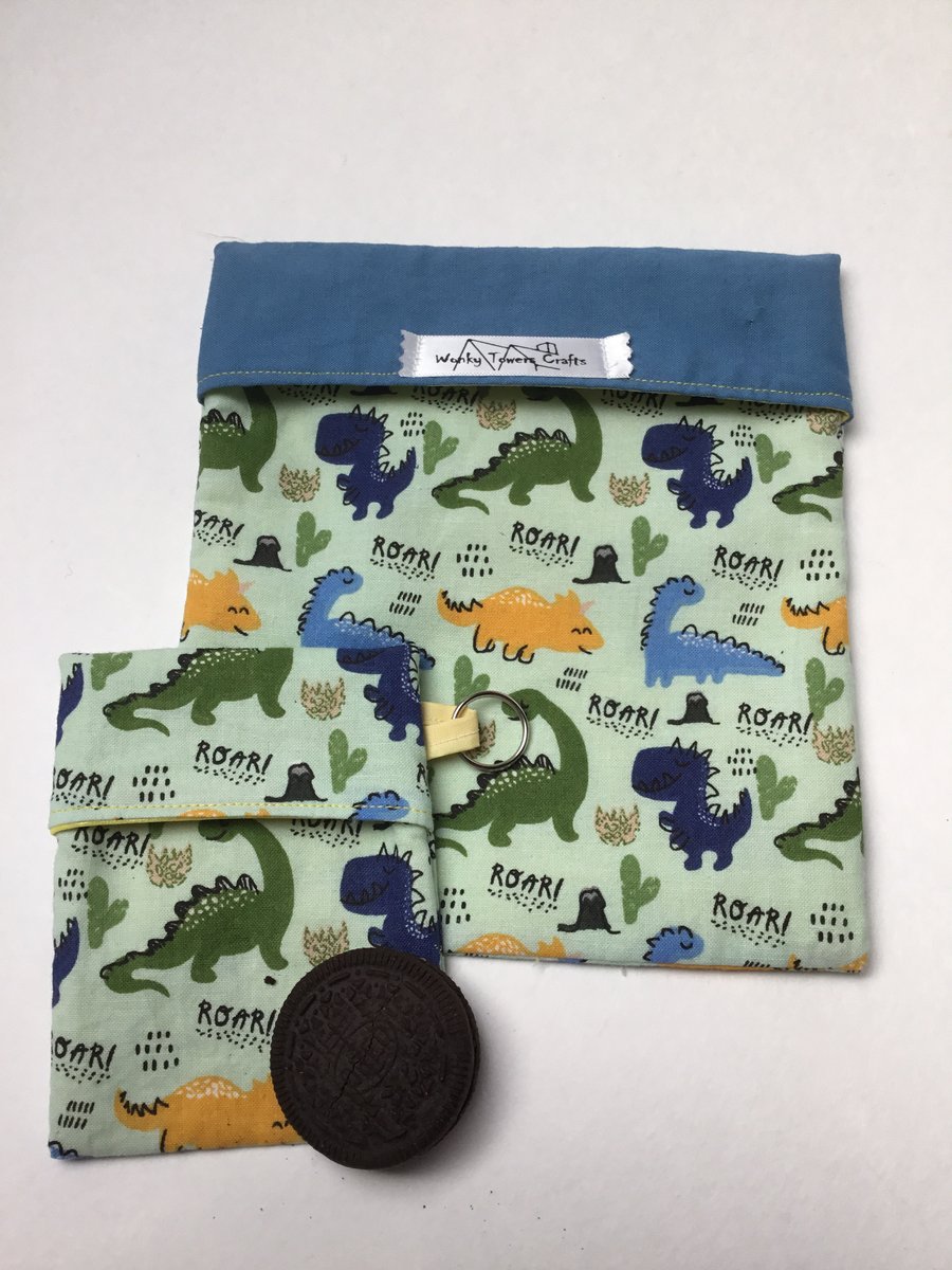 Large, reusable sandwich bag and matching snack bag. Dinosaur design