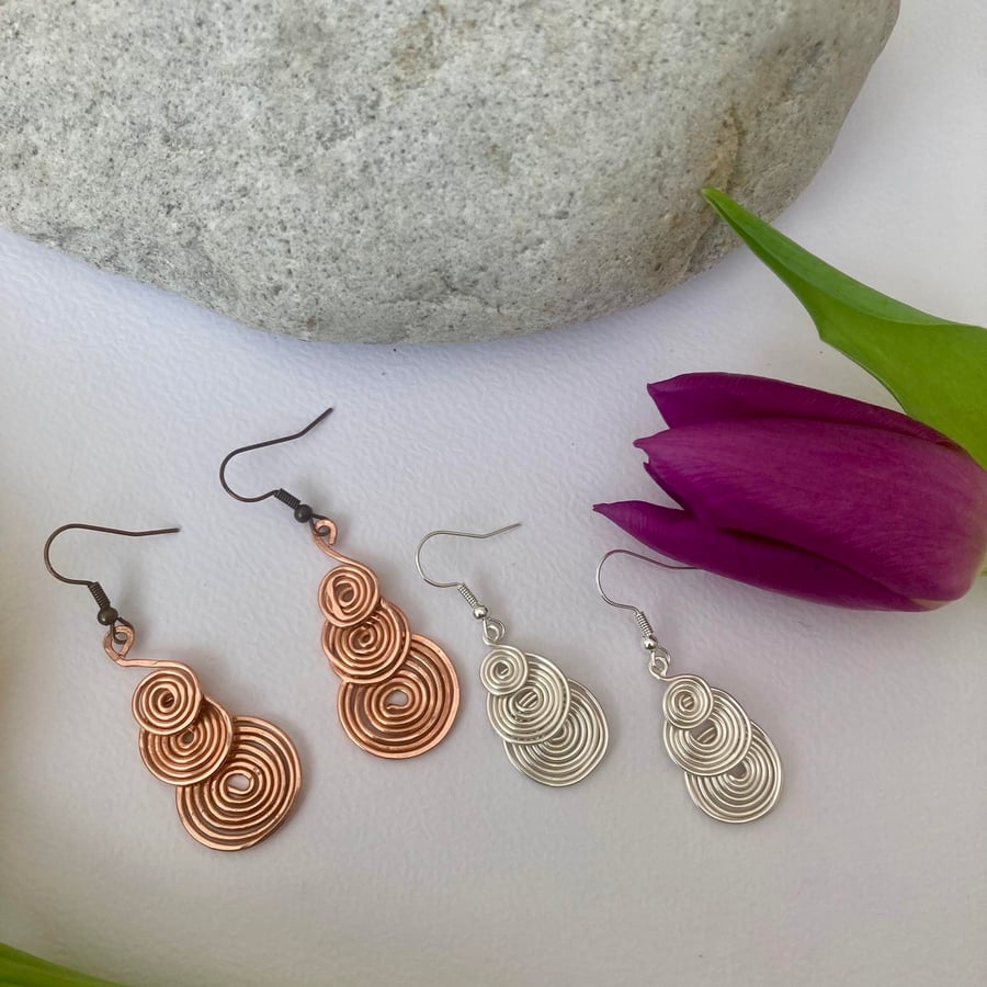 Silver or Copper Earrings with Swirl Design - Boho style, Dangle