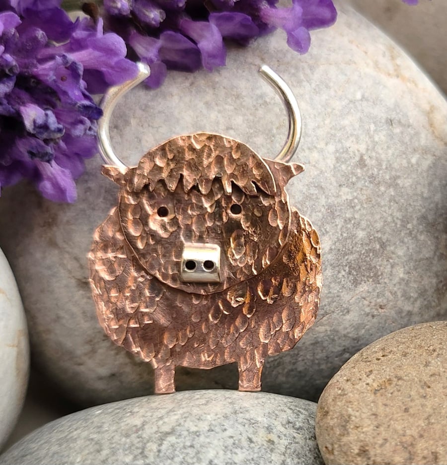 Highland cow brooch in copper and sterling silver