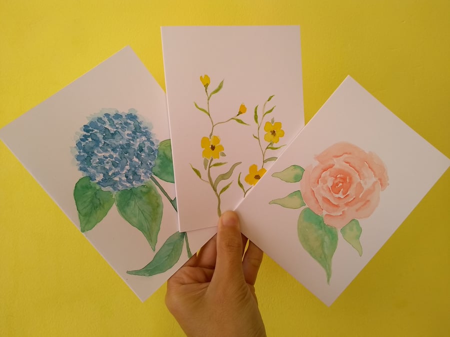 Set of 3 Hand Painted Original Watercolour Flowers Greetings Cards Note cards
