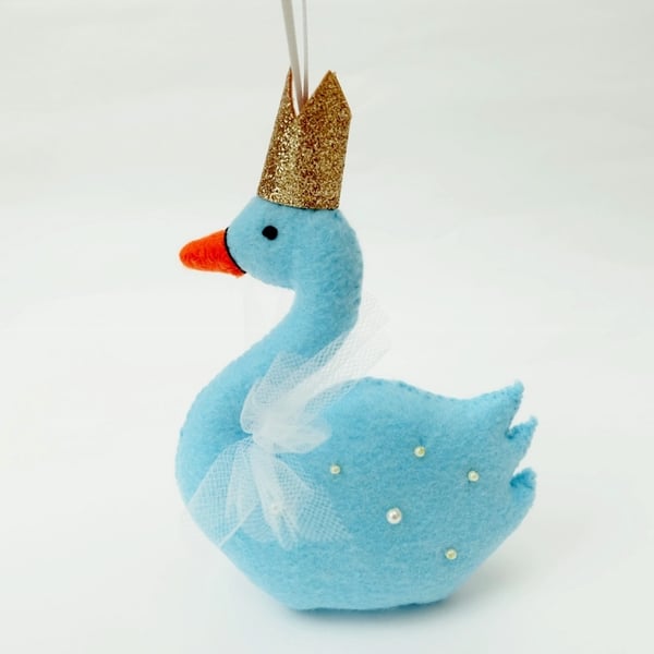 SALE Felt Swan Hand Sewn Christmas Decoration, Light Blue with Rose Gold Crown