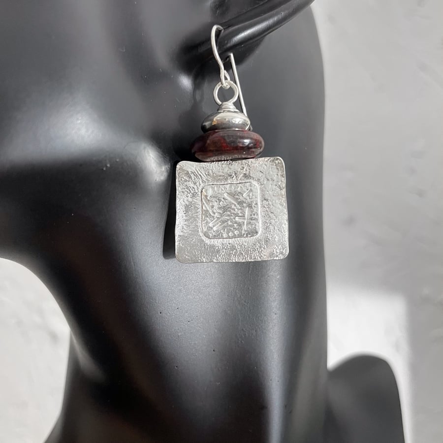 Sterling silver square earrings with red flame jasper beads