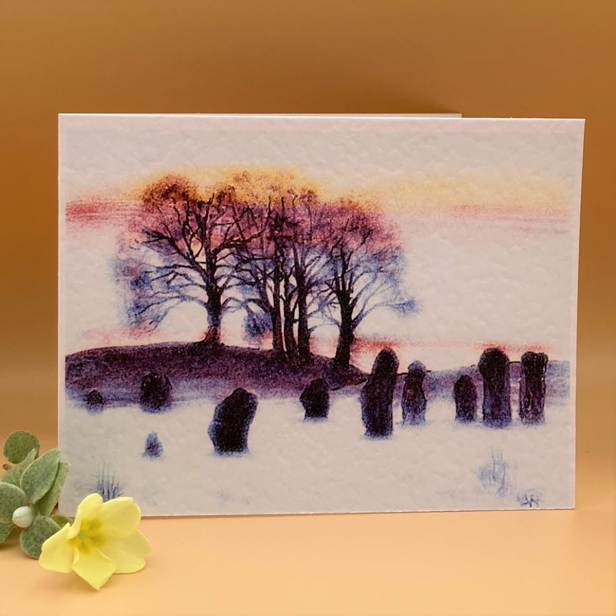 Greetings Card, Avebury Standing Stone Circle, Frosty sunset with trees, blank 