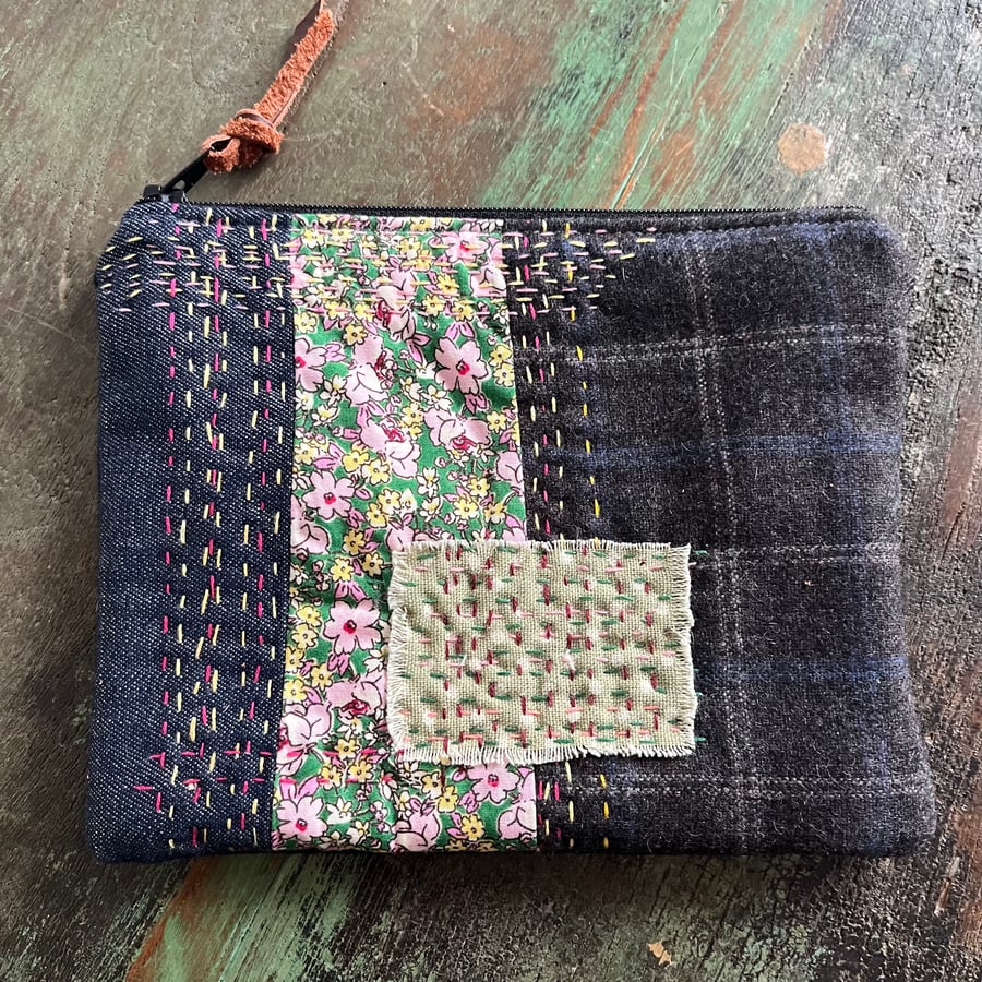 One of a kind pouch with embroidery made from scraps and swatches