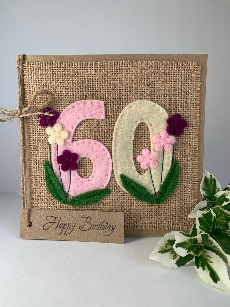 60th Handmade Birthday Card from wool felt. Keepsake Card. Textile card.