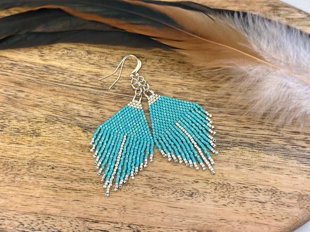 Bright turquoise blue and silver beaded feather fringe earrings