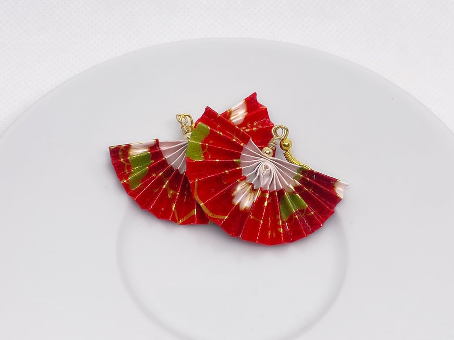 Origami Fan Earrings, Paper Fan Earrings, Red Fan Origami Earrings, Red Fan