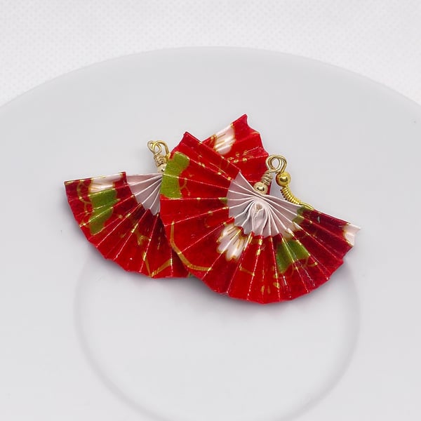 Origami Fan Earrings, Paper Fan Earrings, Red Fan Origami Earrings, Red Fan