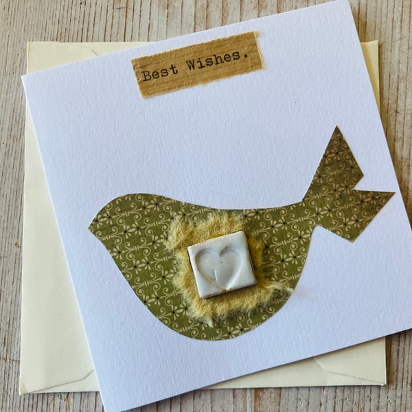 Hand made mini ceramic bird card, birthday, v