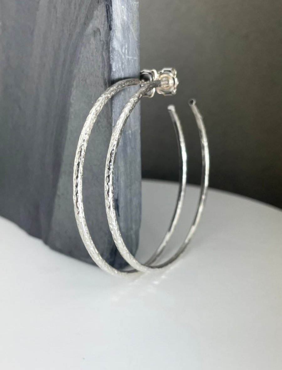Silver Hoop Earrings - 2mm Sterling Silver - Hammered-Sparkly - Sizes 40-60mm 