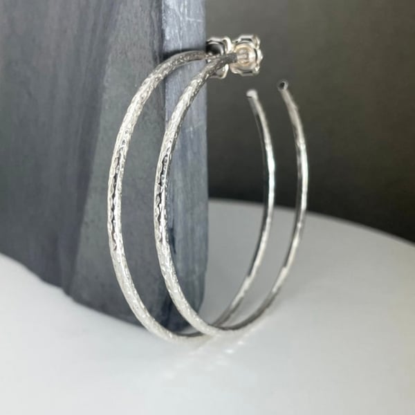 Silver Hoop Earrings - 2mm Sterling Silver - Hammered-Sparkly - Sizes 40-60mm 