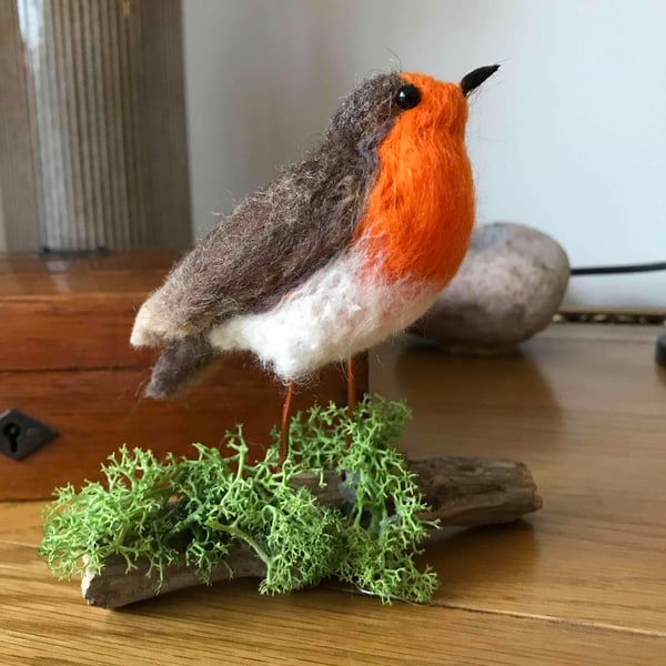 Robin needle felted bird on driftwood 