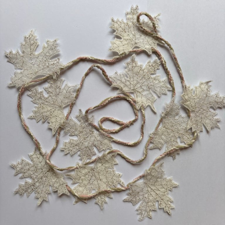 Gold Ivory Glitter Maple Leaf Embroidered Christmas Woodland Garland Bunting