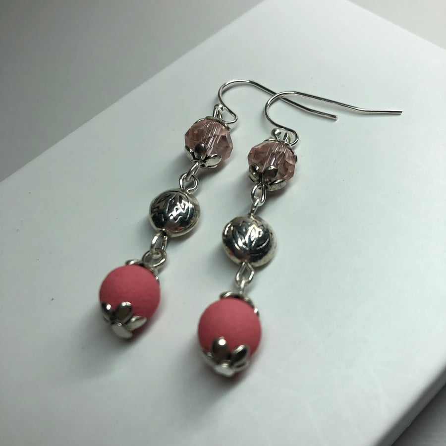 Pink lava stone lotus crystal earrings