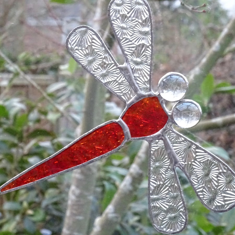 Stained Glass Dragonfly Suncatcher - Red 