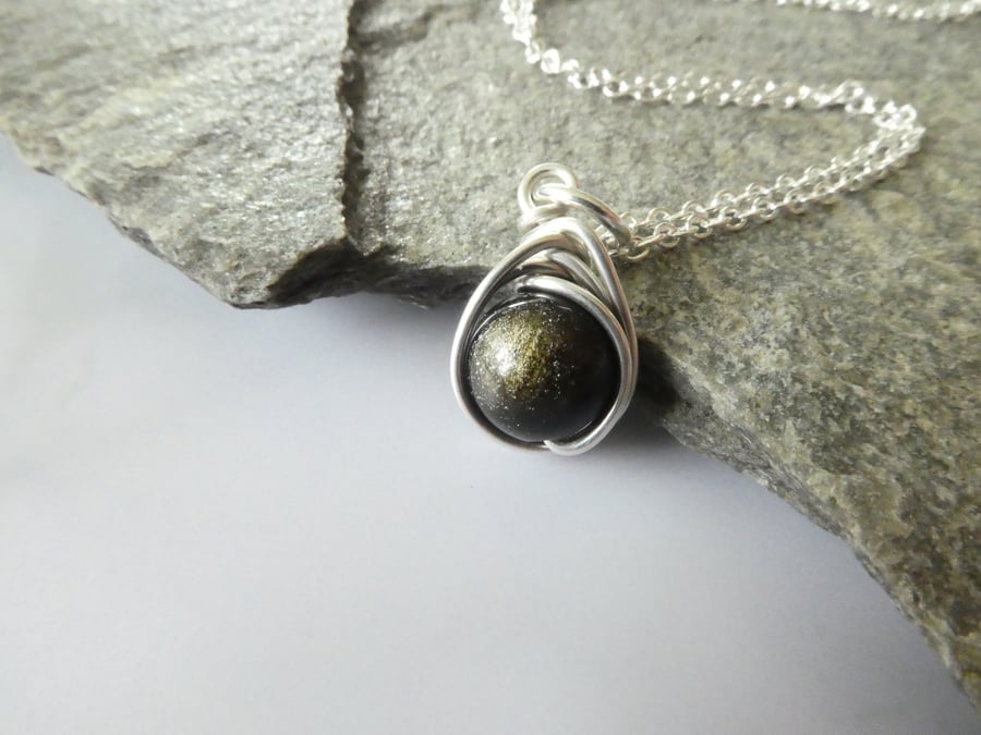 golden obsidian pendant in sterling silver, gold sheen obsidian necklace