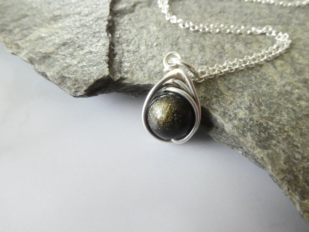 golden obsidian pendant in sterling silver, gold sheen obsidian necklace