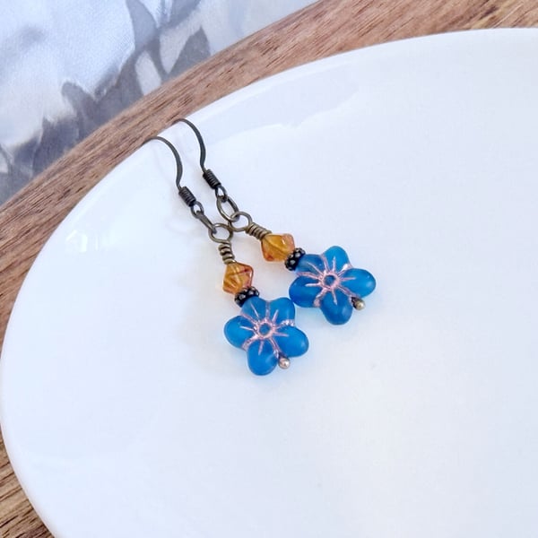 Deep sky blue boho flower earrings