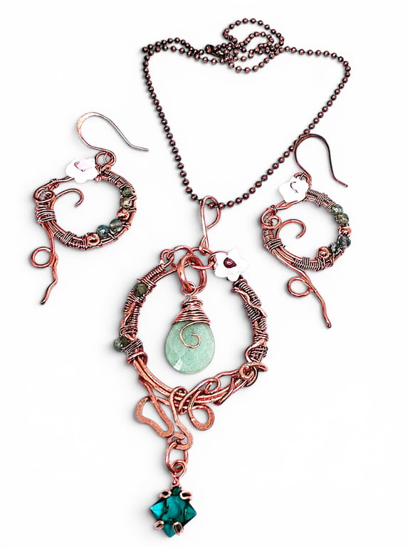 Solid Copper Statement Necklace and Earrings Set - Peridot & Amazonite Crystals