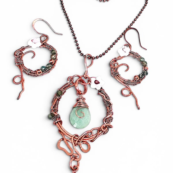 Solid Copper Statement Necklace and Earrings Set - Peridot & Amazonite Crystals