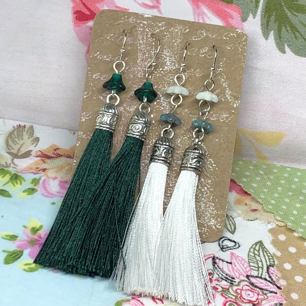 White and Forest Green tassel earrings