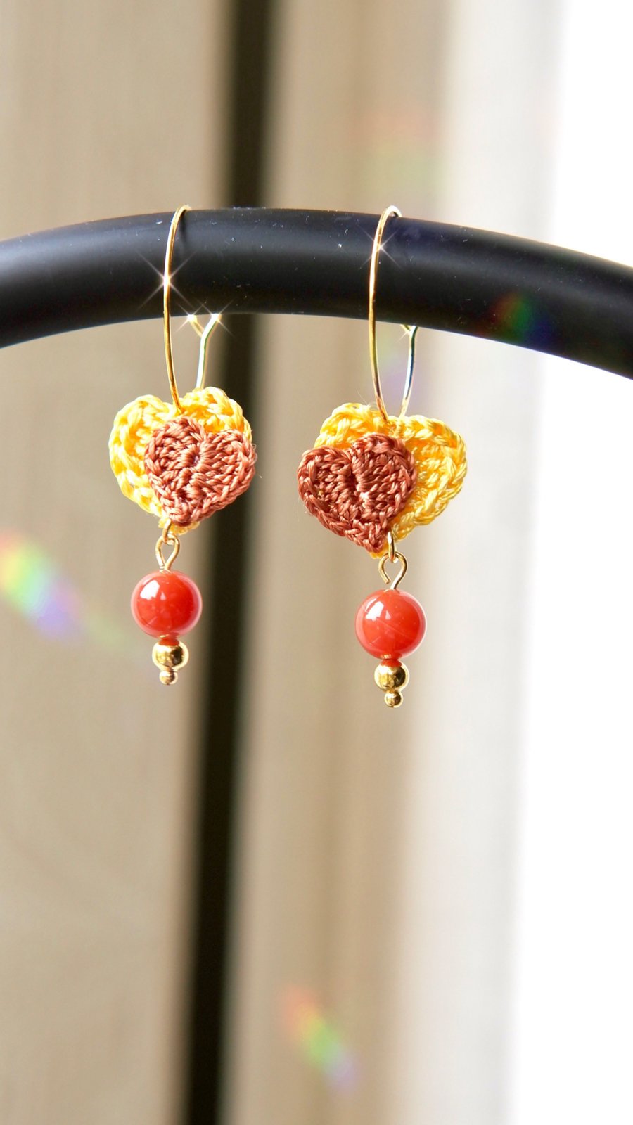 Microcrochet Yellow Hearts Orange Carnelian Earrings 