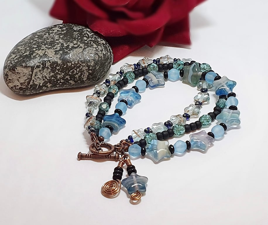 Blue 3 strand star bracelet in an assortment of Czech glass beads
