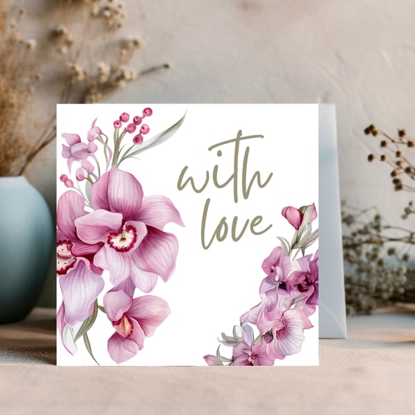 Pink orchids watercolour floral design edit text for a personalised card