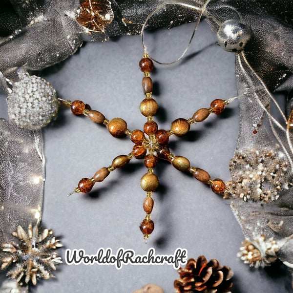Golden brown beaded snowflake tree ornament