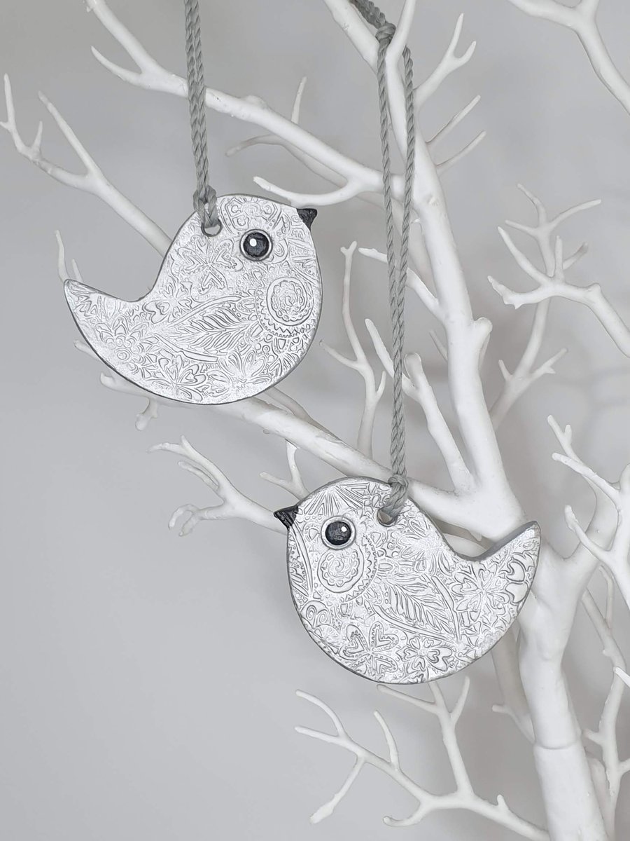 Bird decoration, clay hanging decoration, silver and white, pretty gift for her 