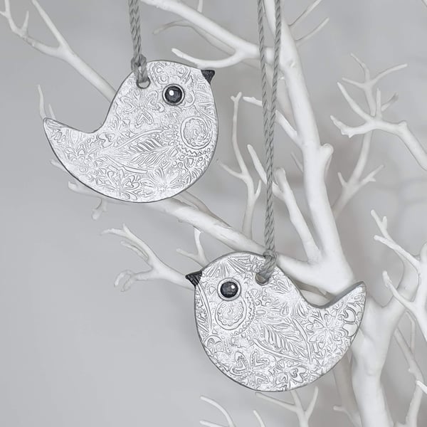 Bird decoration, clay hanging decoration, silver and white, pretty gift for her 