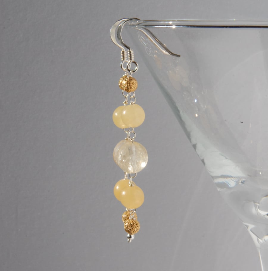 Long yellow beaded sterling silver earrings (citrine, ambrolite and gold plate)