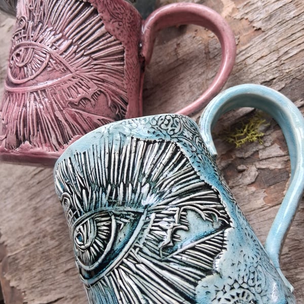 All seeing eye, third eye, linocut coffee mug stoneware blue or pink