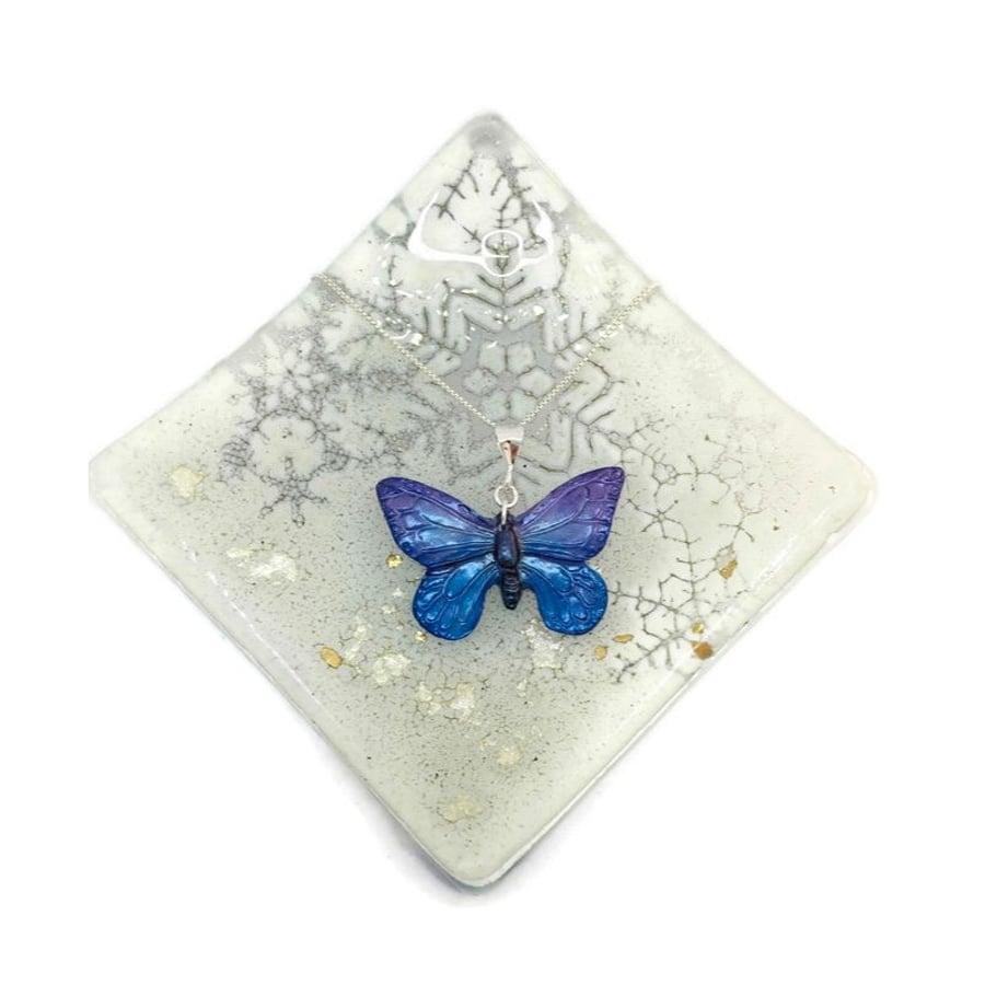 Butterfly pendant purple and blue with 18 inch sterling silver chain. 