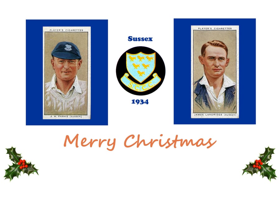 Cricket Christmas card vintage 1934 design. Sussex. Parks.Langridge .FREE UK P&P