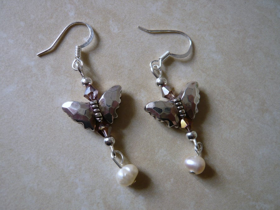 Butterfly and Pearl Earrings