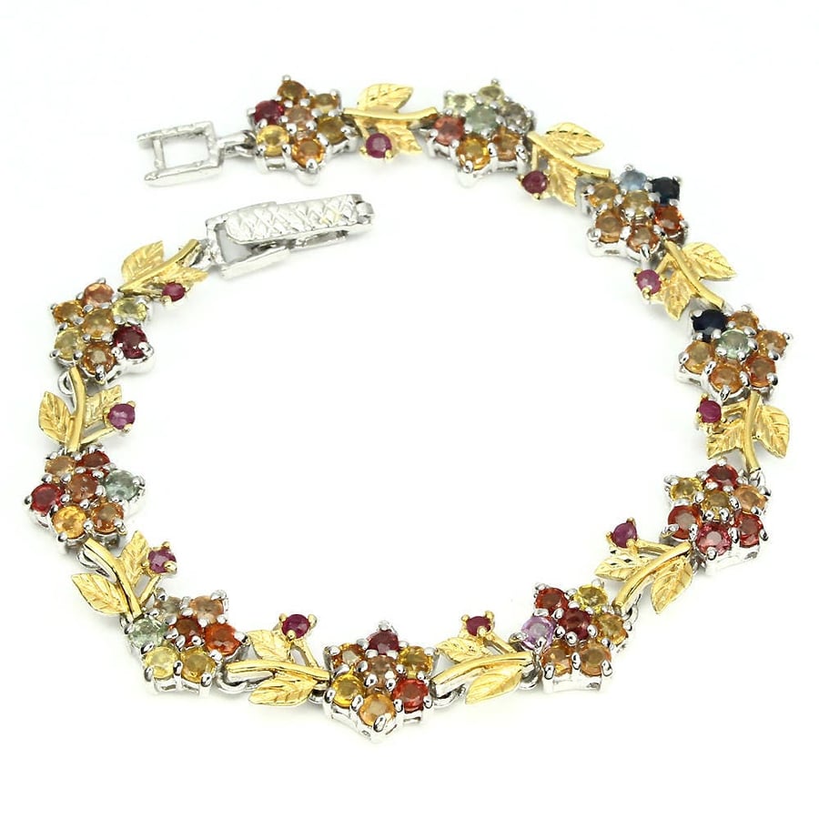 Exquisite Ruby & Multicolour Sapphire Floral Clusters Foliate Garland Bracelet 