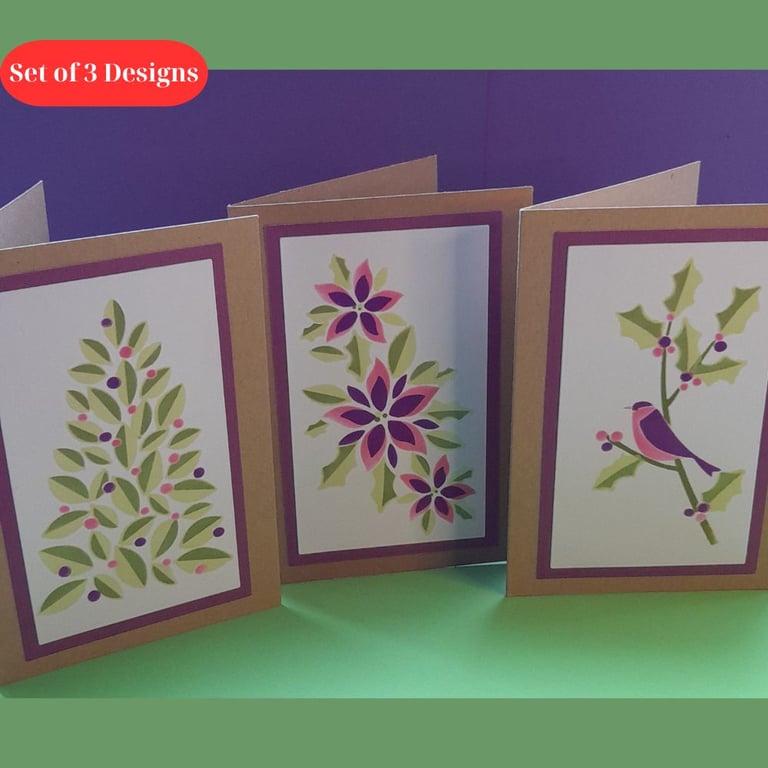 Set of 3 Brights Designs - Handmade Cards - Purple & Lime