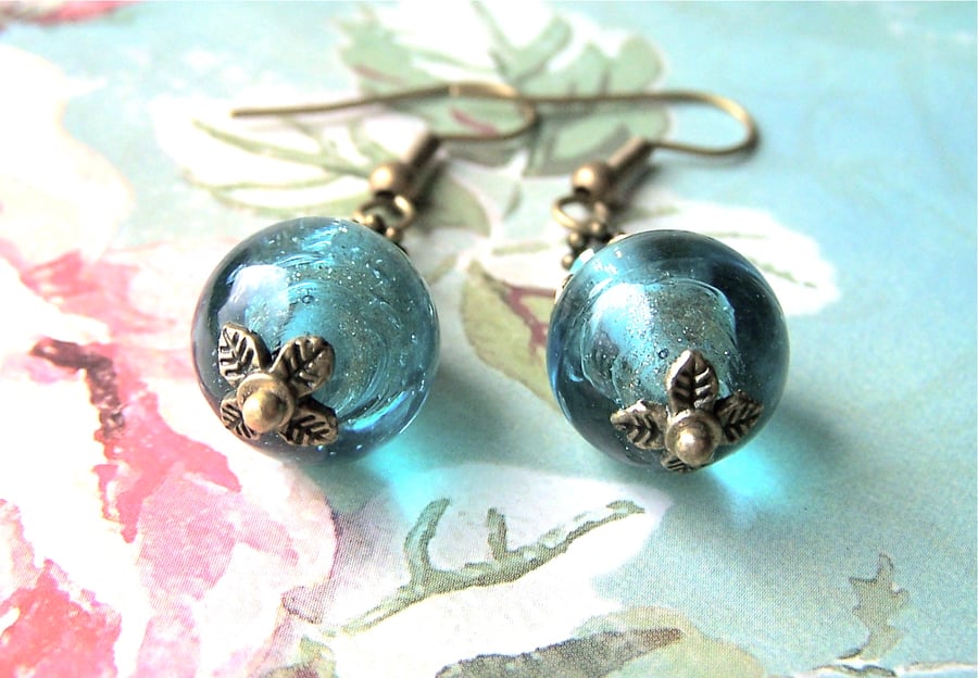 Aqua Bubble Earrings, Pale Blue Glass Beads, Dangle Antique Brass Earrings