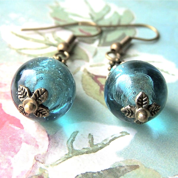 Aqua Bubble Earrings, Pale Blue Glass Beads, Dangle Antique Brass Earrings