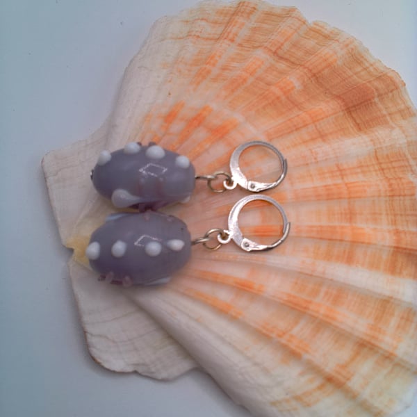 Earrings with Lilac Art Glass Bead with White Dots, Gift for Her, Lilac Earrings