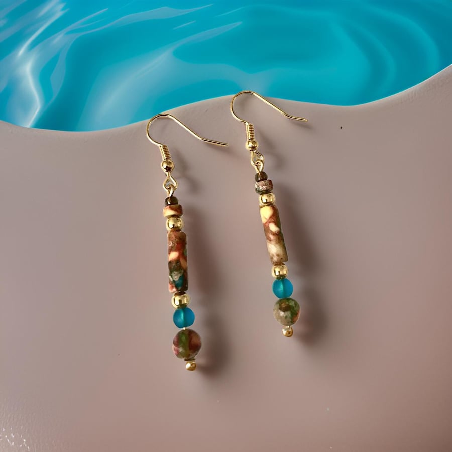 Gold Earrings with Natural Imperial Jasper Semi Precious Stone, Freepost