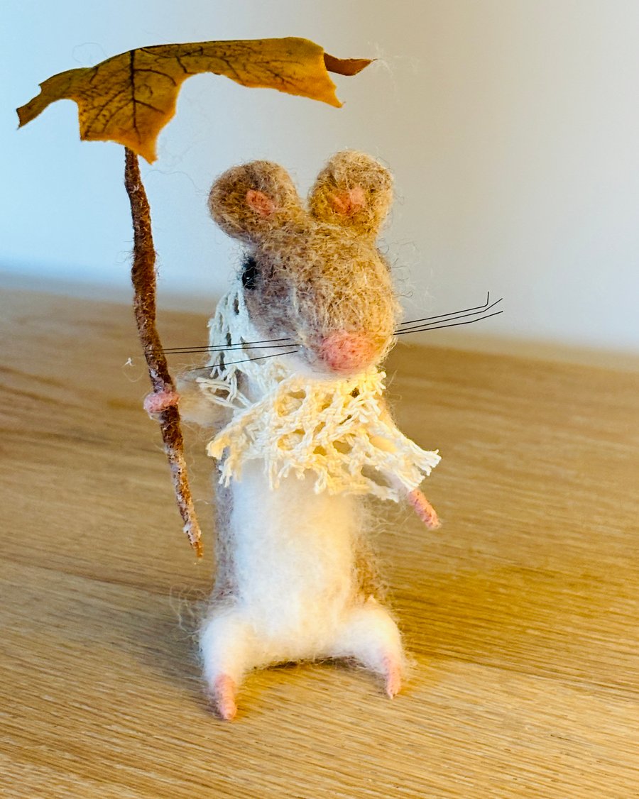 Needle felt whimsical mouse with leaf parasol