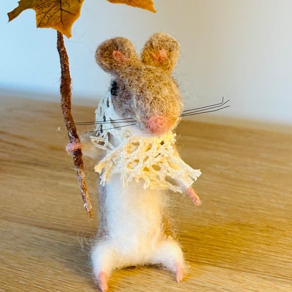 Needle felt whimsical mouse with leaf parasol